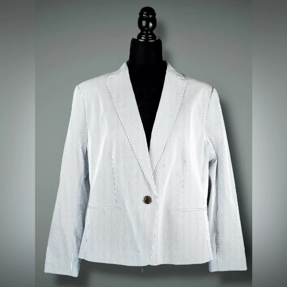 Ann Taylor Factory Womens Striped Blazer Size 16 Blue White Cotton Blend Jacket - Picture 4 of 15